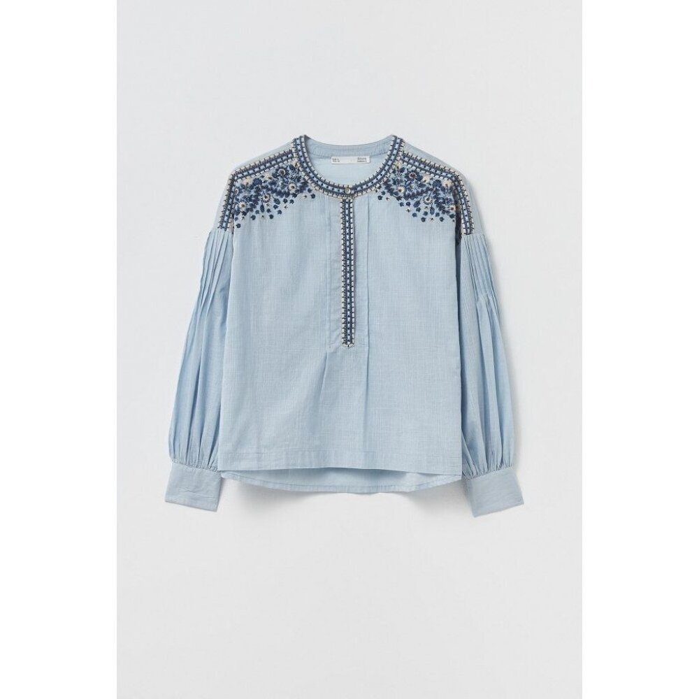 See and Be Seen Embroidered Blue Blouse Size S | Balloon Sleeve Boho Top